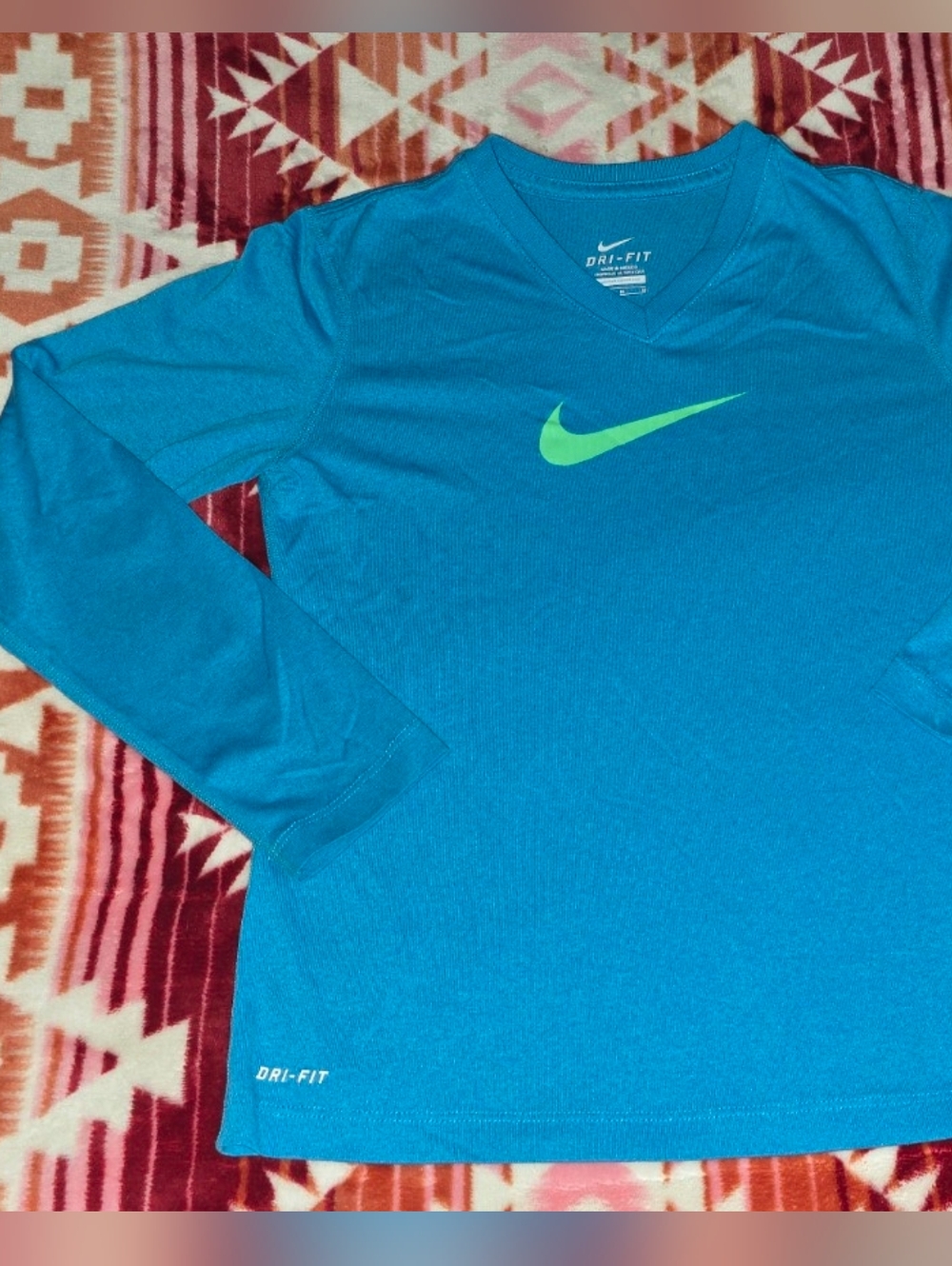Nike Dri-FIT Blue Long Sleeve Athletic Top Lime Swoosh Women’s Medium